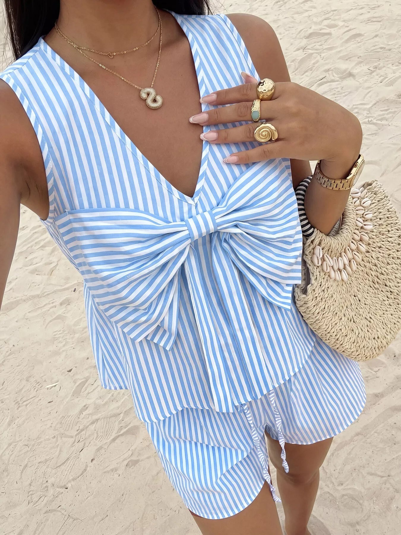 Striped Bowknot Sleeveless Top & Shorts Set - Cowtown Bling N Things