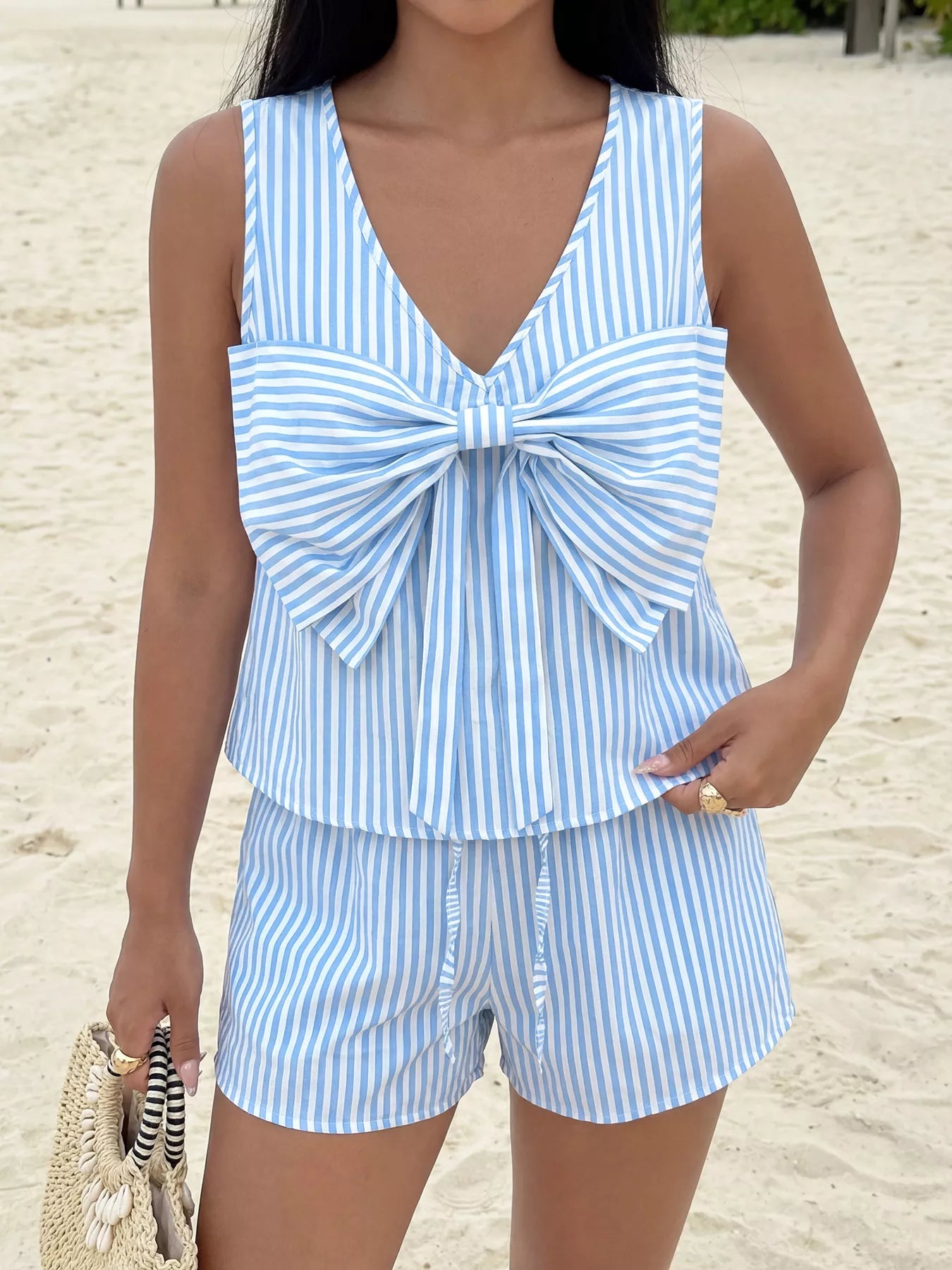 Striped Bowknot Sleeveless Top & Shorts Set - Cowtown Bling N Things