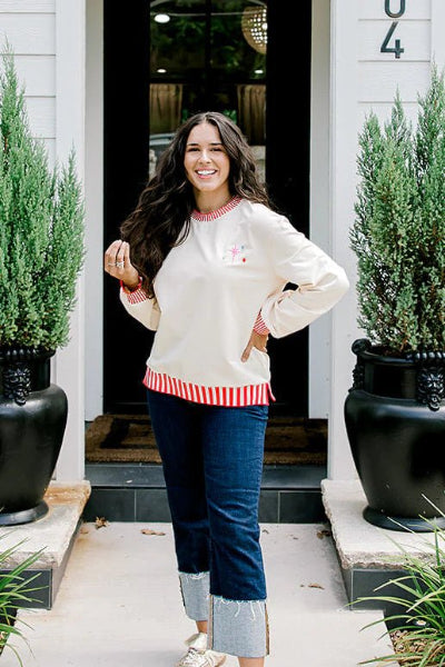 Cream Sweatshirt with Red Stripes and Isaiah 9:6 Verse – Layerz Clothing