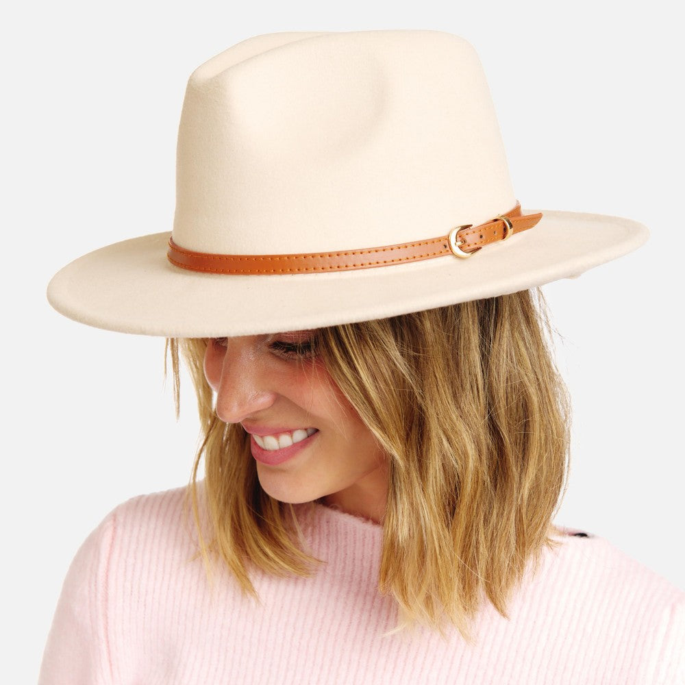 Felt Wide Brim Hat With Simple Leather Buckle Band - Cowtown Bling N Things