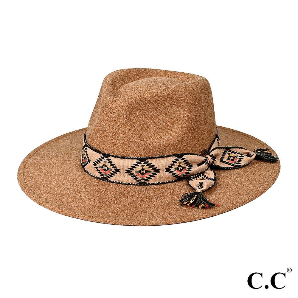C.C Vegan Felt Panama Brim Hat With Aztec Trim Band - Cowtown Bling N Things