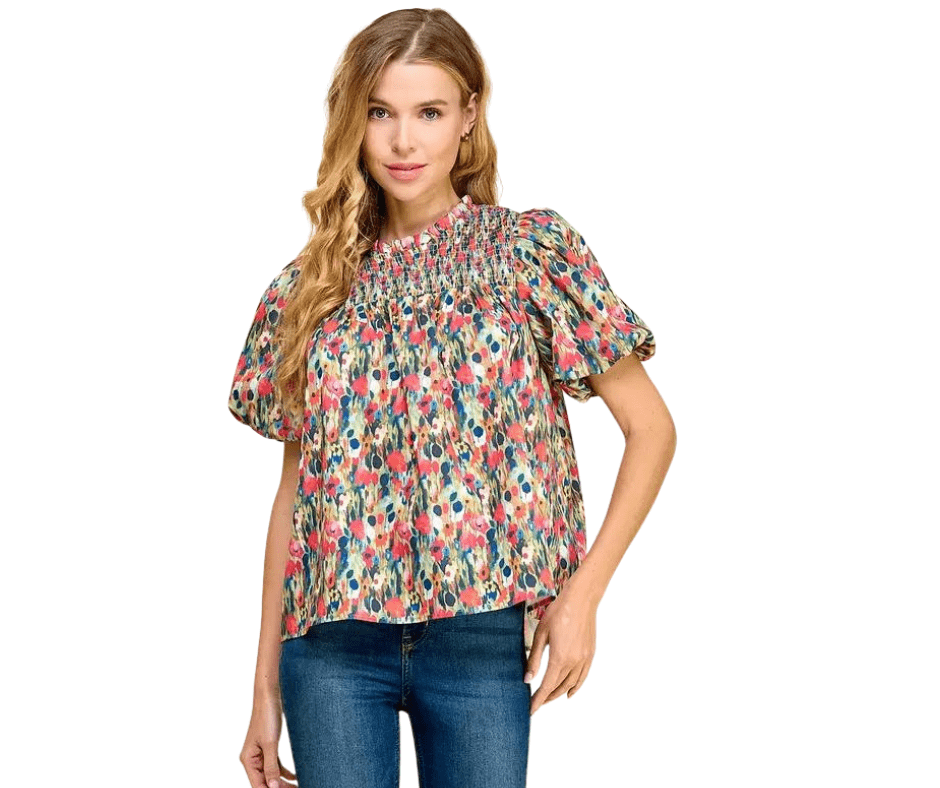 TCEC Green Floral Smock Top - Cowtown Bling N Things