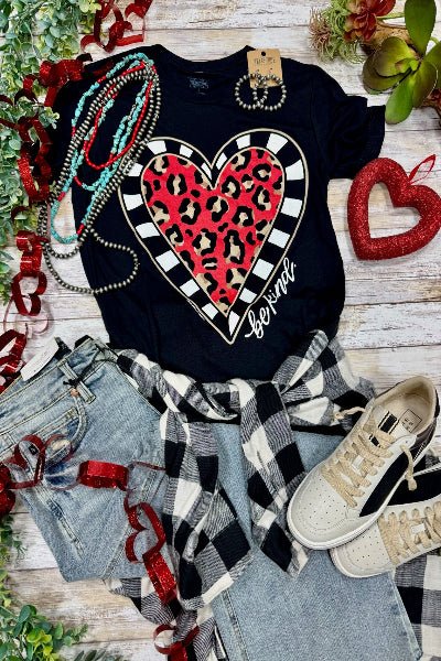 Texas True Threads |Be Kind Leopard Heart Long Sleeve | Tee & Sweatshirt |Black | S - 3XL - Cowtown Bling N Things