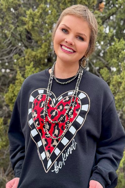 Texas True Threads |Be Kind Leopard Heart Long Sleeve | Tee & Sweatshirt |Black | S - 3XL - Cowtown Bling N Things