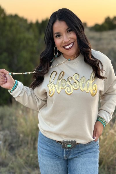 Texas True Threads Blessed in Gold Metallic Puff Sweatshirt - Cowtown Bling N Things