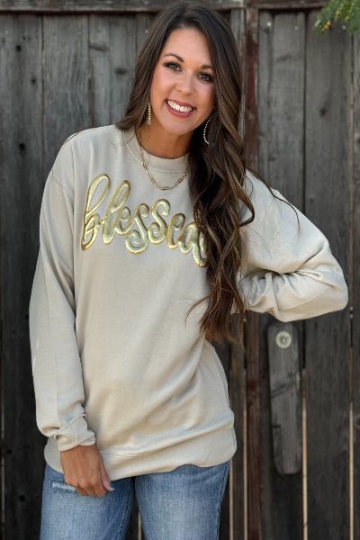 Texas True Threads Blessed in Gold Metallic Puff Sweatshirt - Cowtown Bling N Things