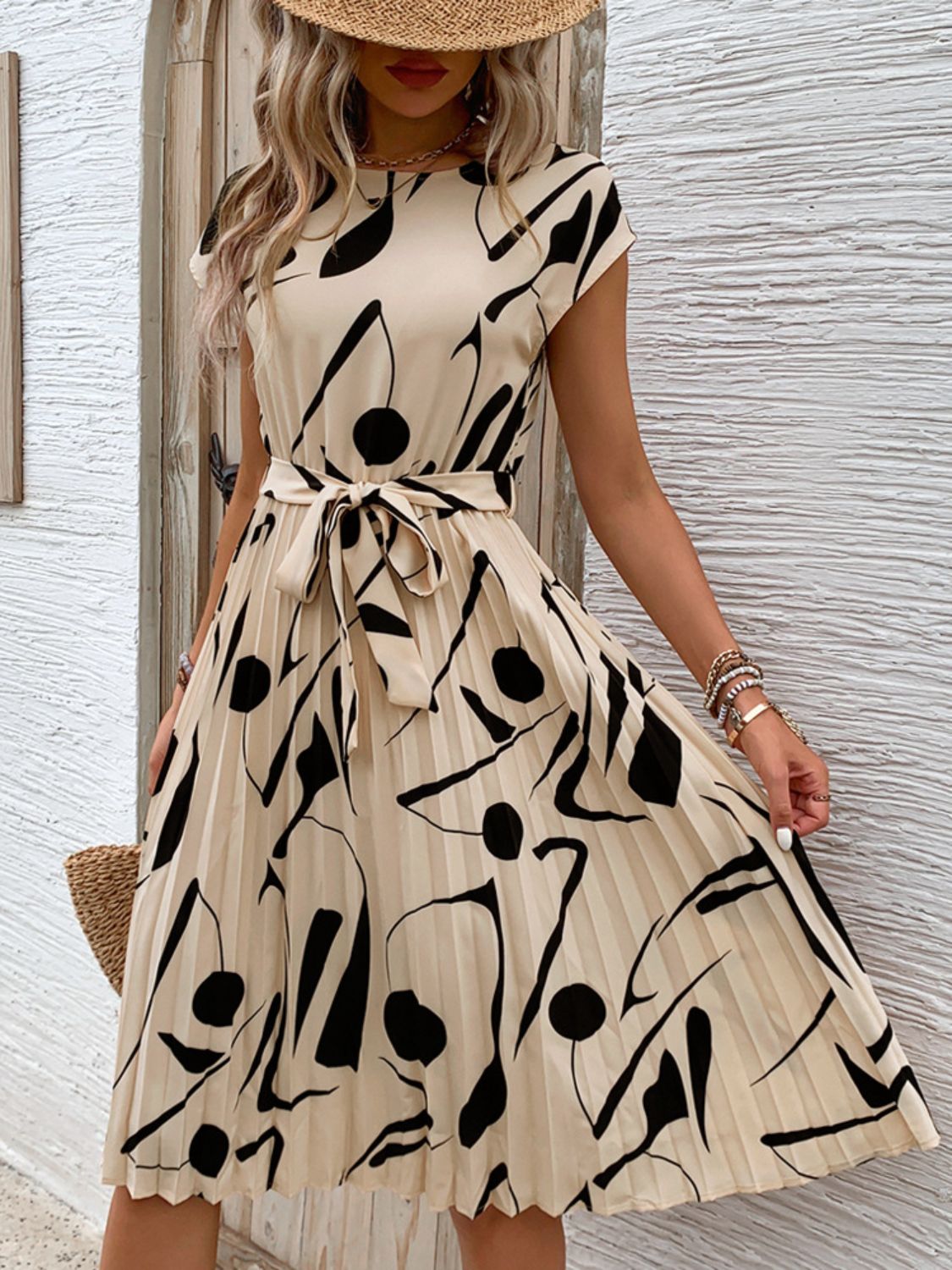 Tied Pleated Printed Cap Sleeve Dress - Cowtown Bling N Things