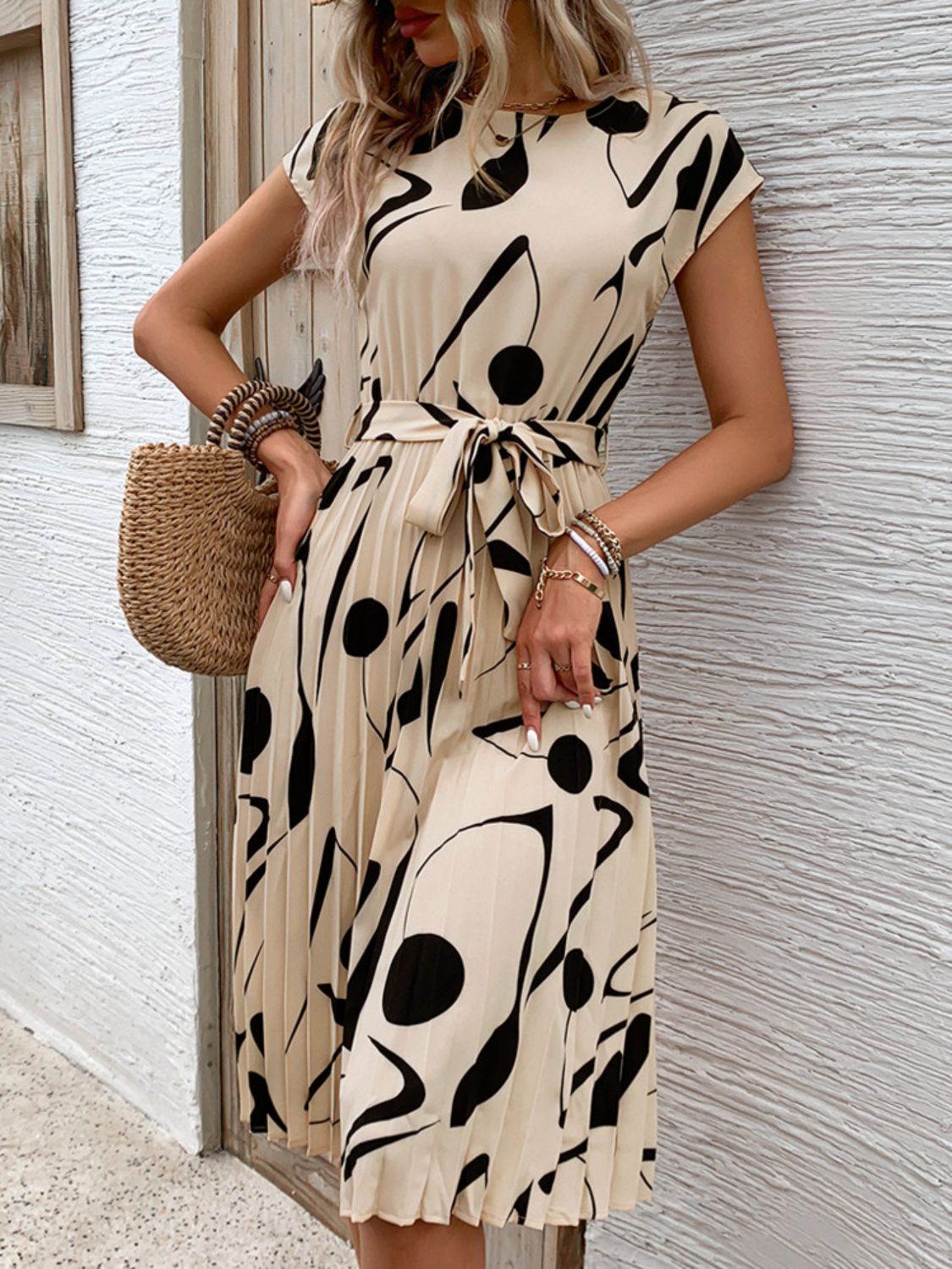 Tied Pleated Printed Cap Sleeve Dress - Cowtown Bling N Things