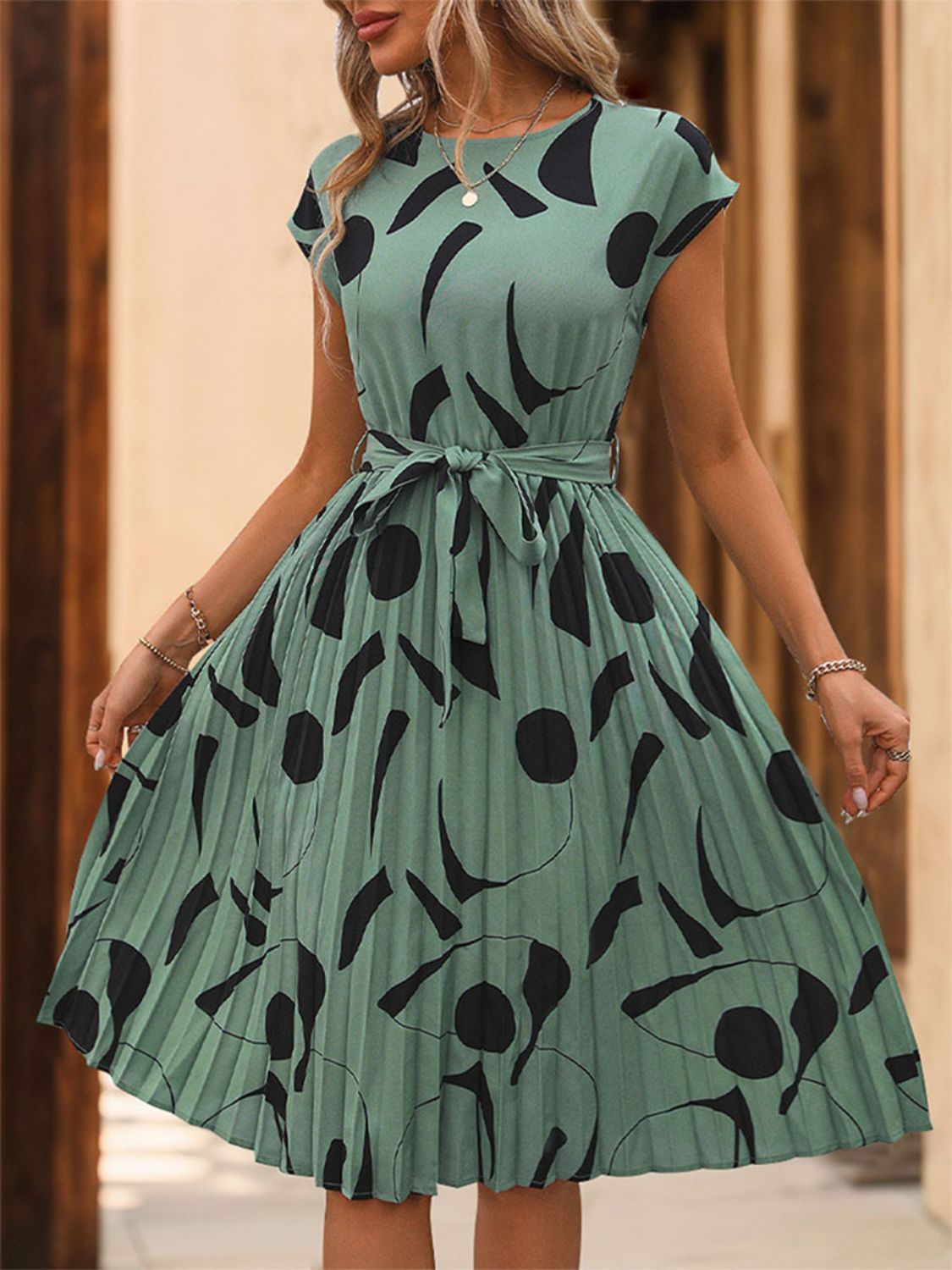 Tied Pleated Printed Cap Sleeve Dress - Cowtown Bling N Things