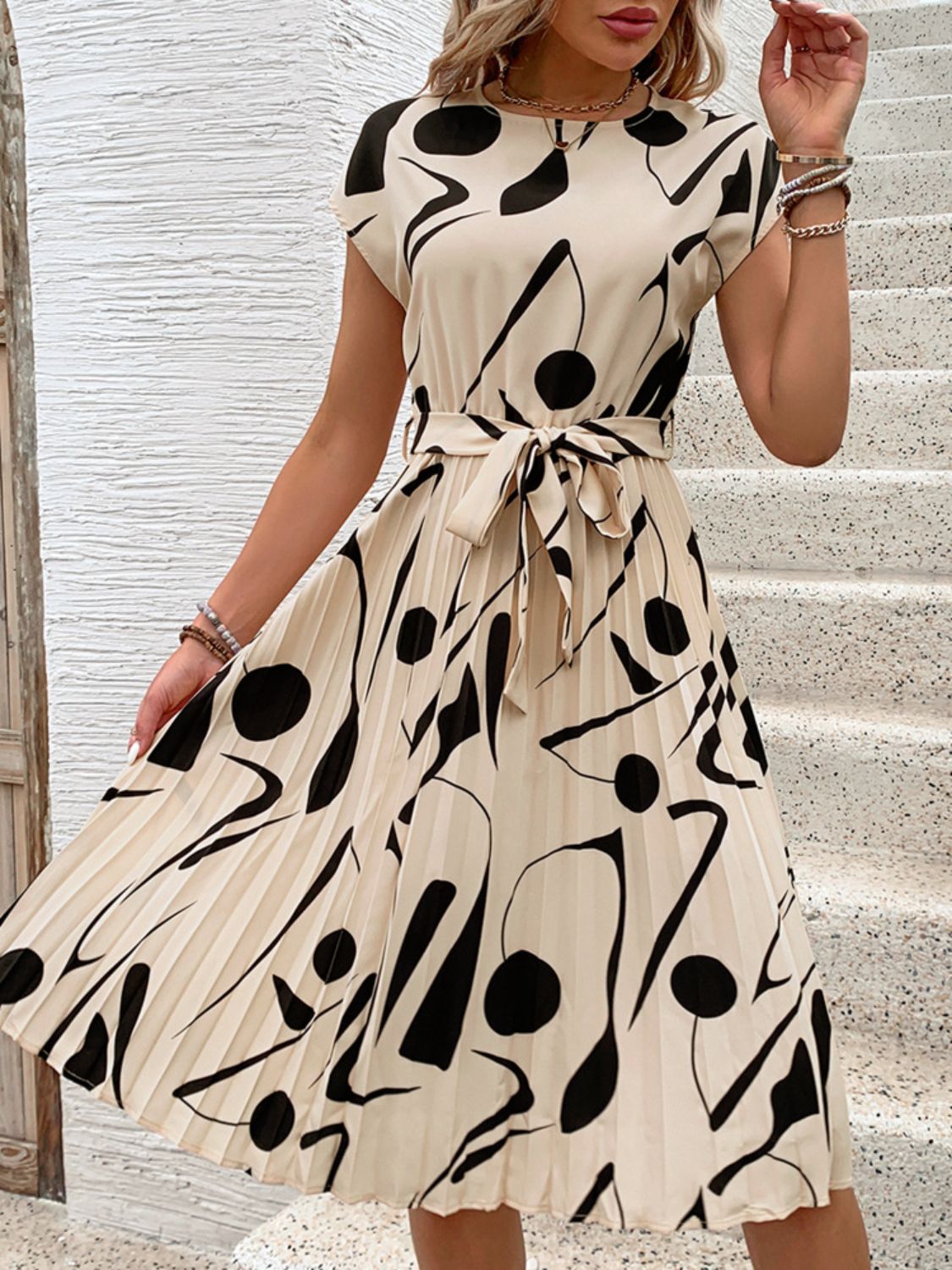 Tied Pleated Printed Cap Sleeve Dress - Cowtown Bling N Things