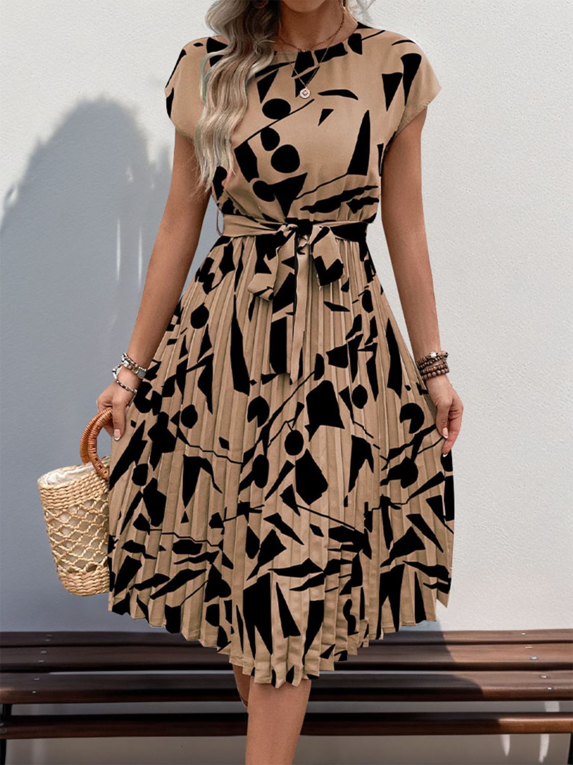 Tied Pleated Printed Cap Sleeve Dress - Cowtown Bling N Things