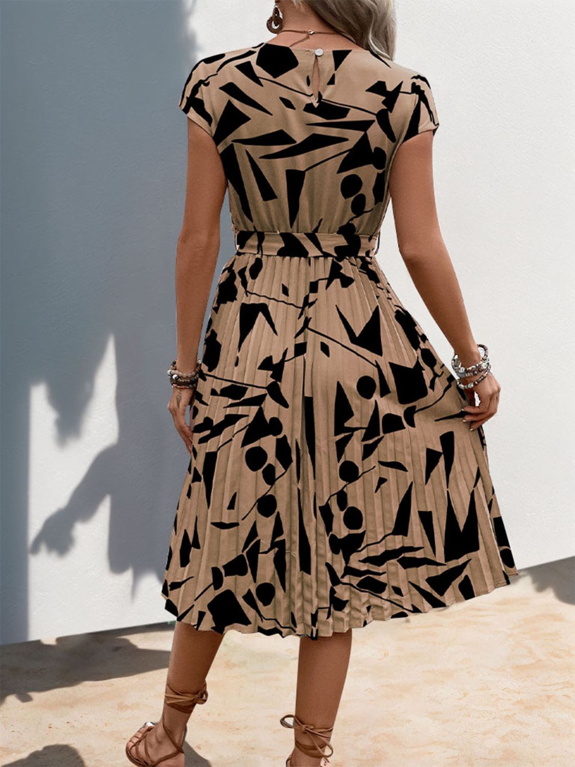 Tied Pleated Printed Cap Sleeve Dress - Cowtown Bling N Things