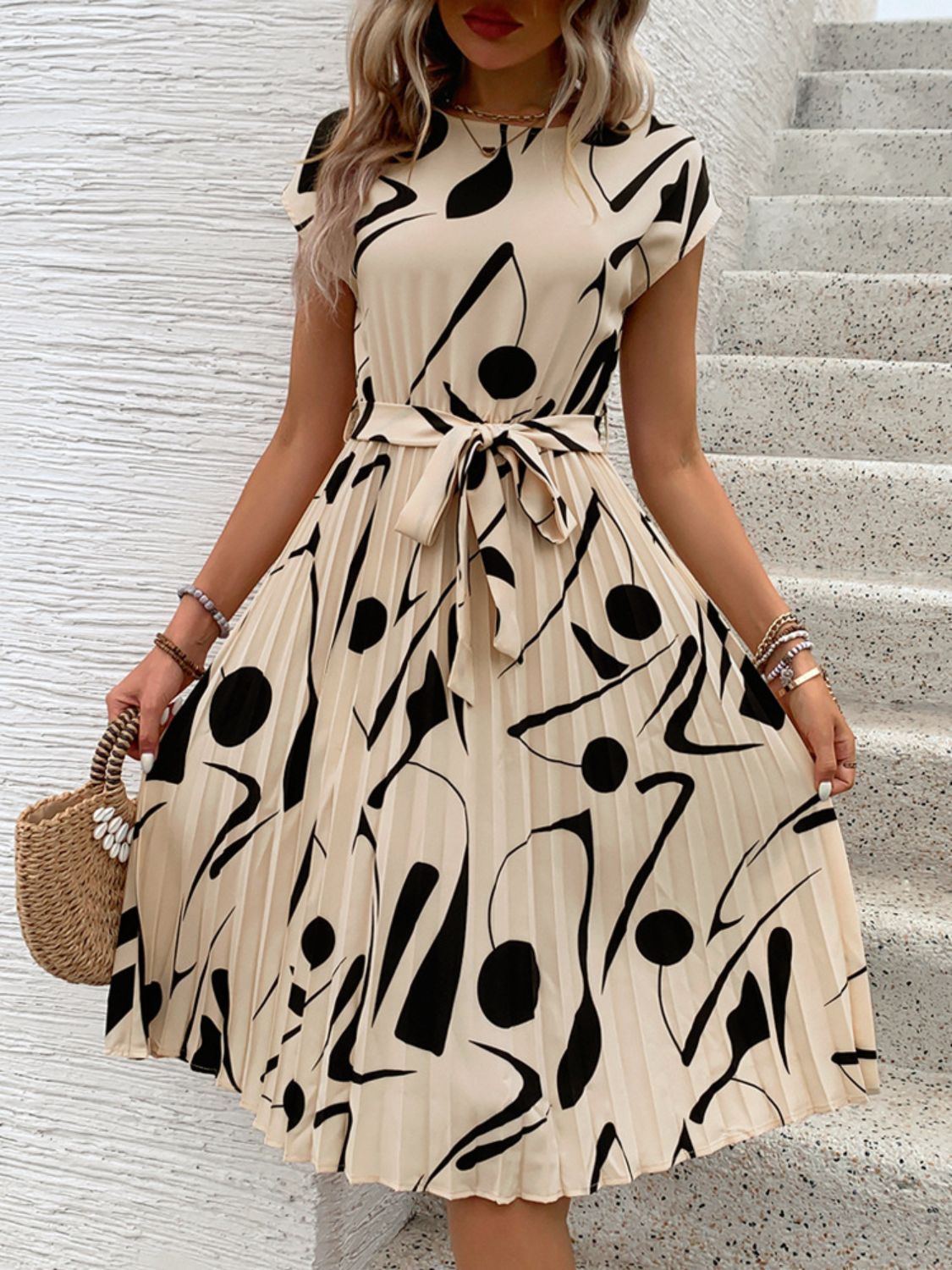 Tied Pleated Printed Cap Sleeve Dress - Cowtown Bling N Things