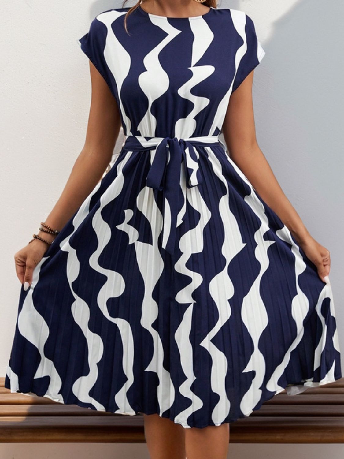 Tied Pleated Printed Cap Sleeve Dress - Cowtown Bling N Things