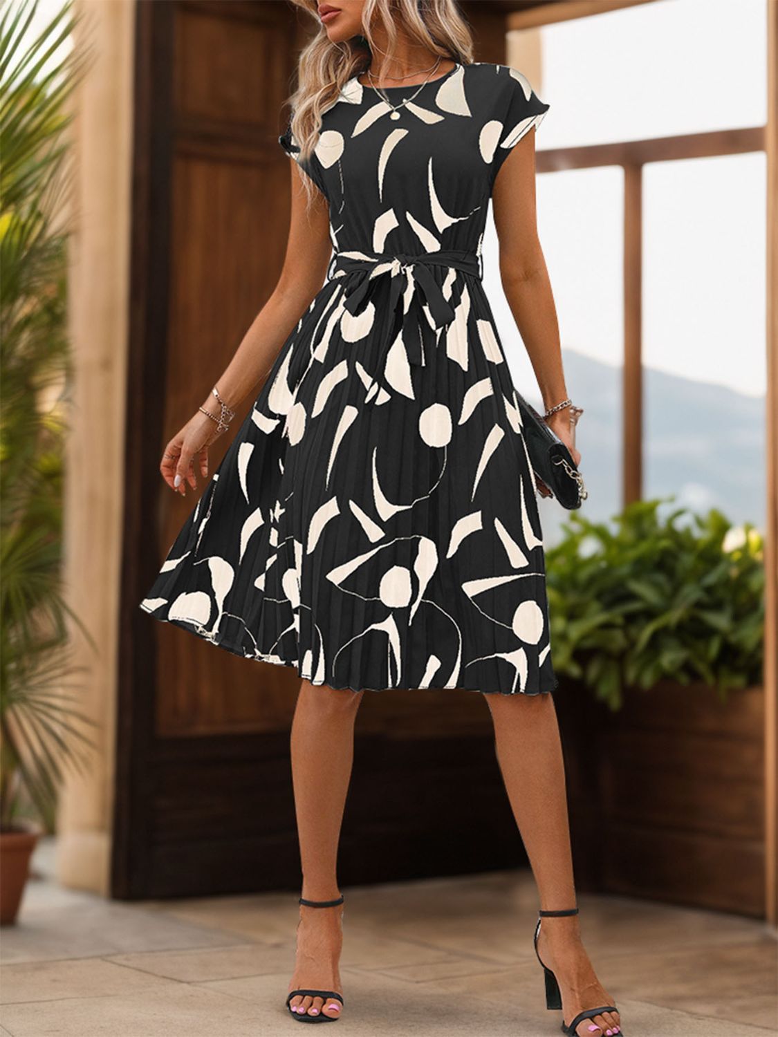Tied Pleated Printed Cap Sleeve Dress - Cowtown Bling N Things