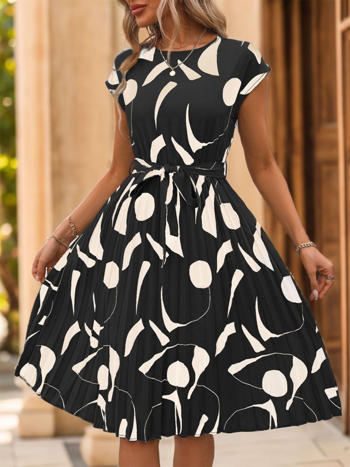 Tied Pleated Printed Cap Sleeve Dress - Cowtown Bling N Things