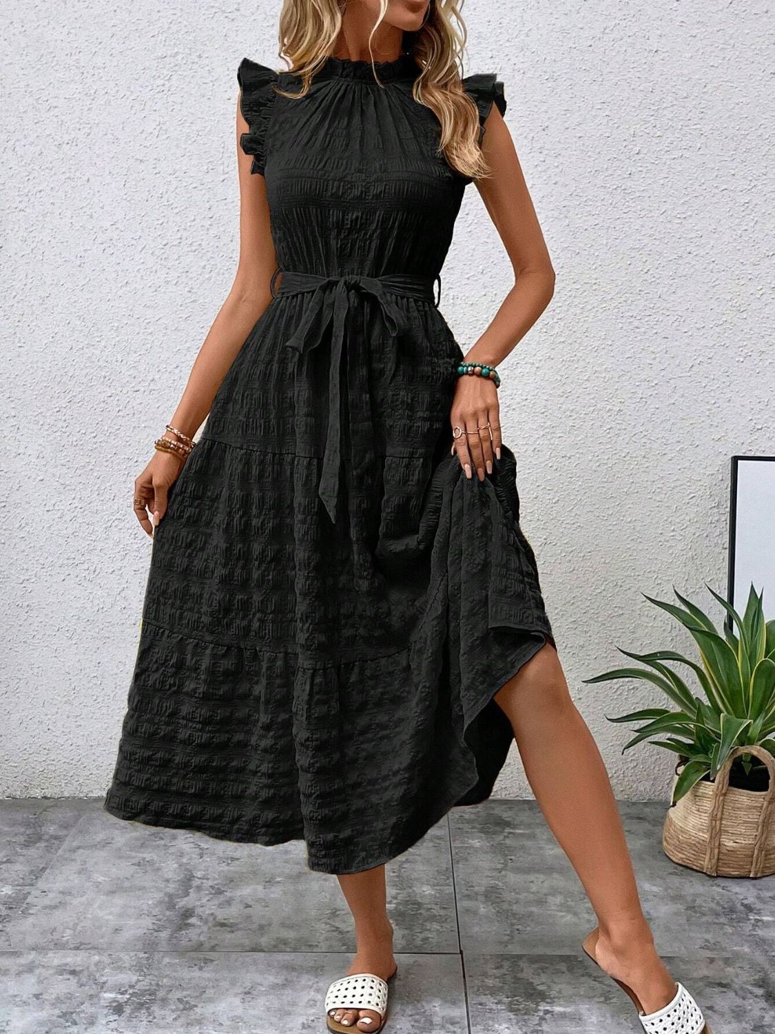Tied Ruffled Cap Sleeve Midi Dress - Cowtown Bling N Things