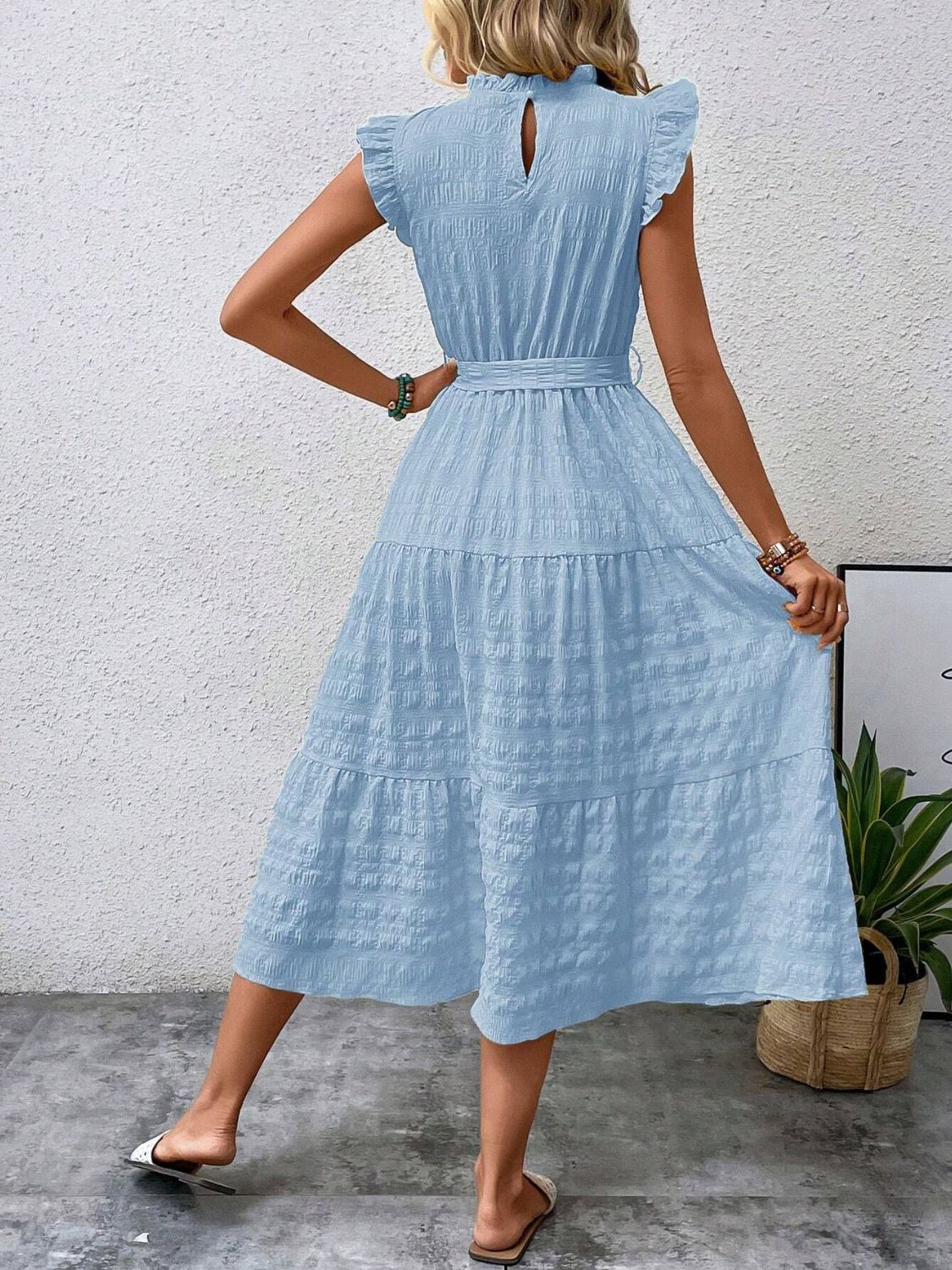 Tied Ruffled Cap Sleeve Midi Dress - Cowtown Bling N Things