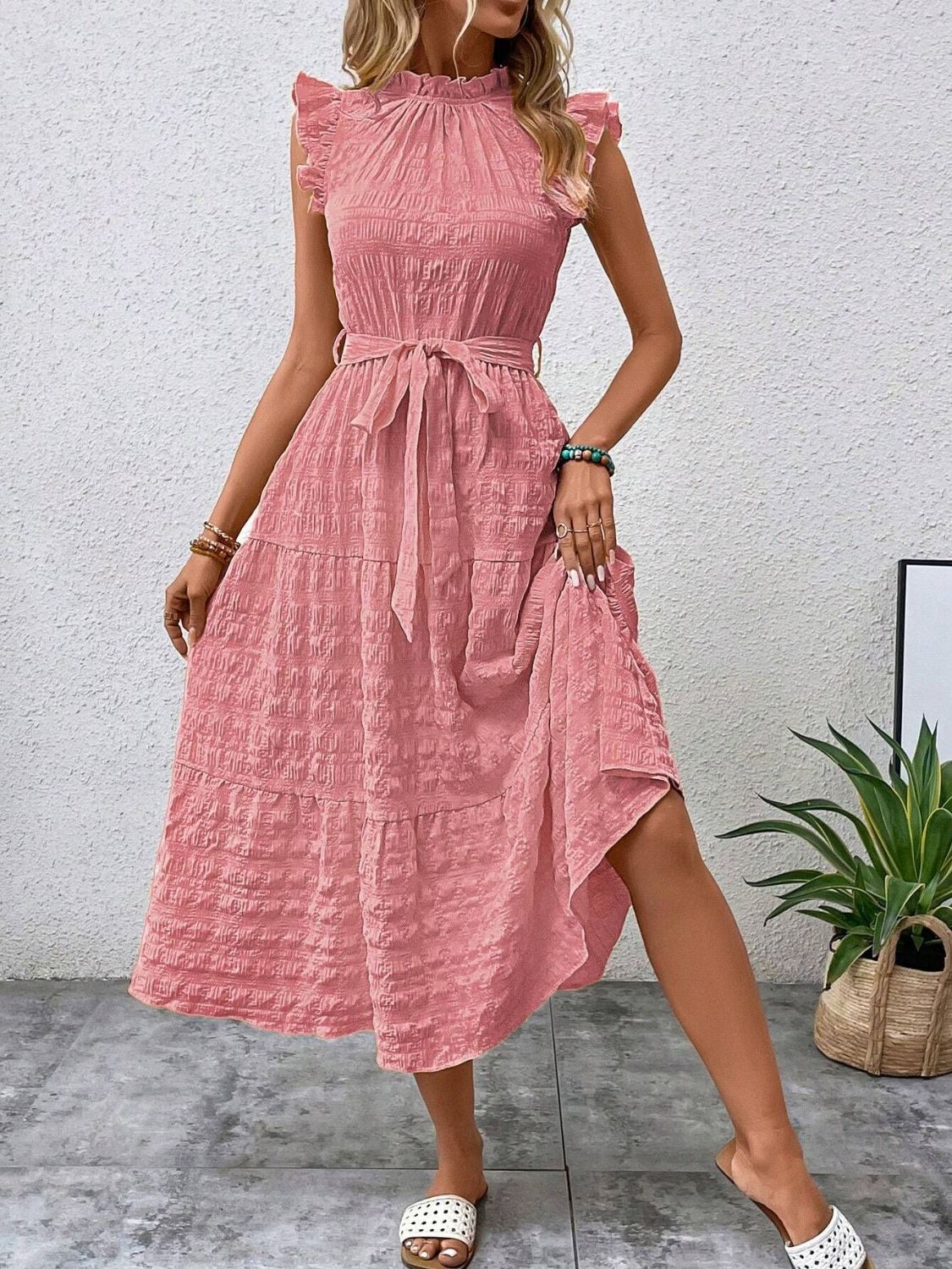 Tied Ruffled Cap Sleeve Midi Dress - Cowtown Bling N Things