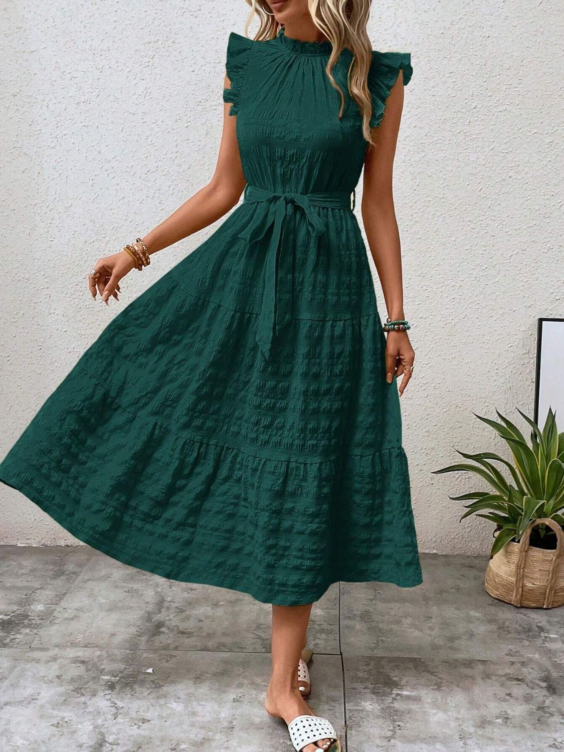 Tied Ruffled Cap Sleeve Midi Dress - Cowtown Bling N Things