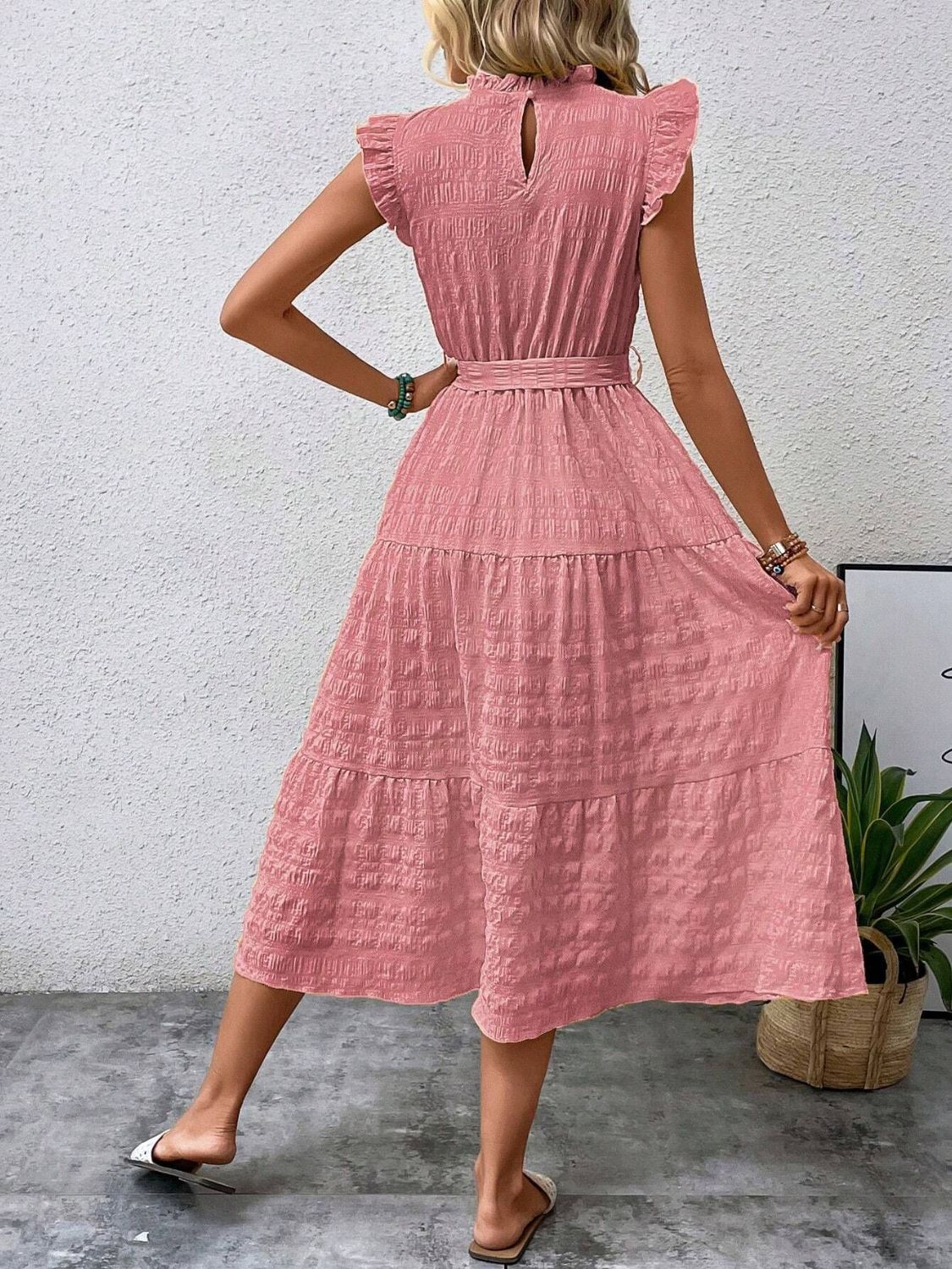 Tied Ruffled Cap Sleeve Midi Dress - Cowtown Bling N Things