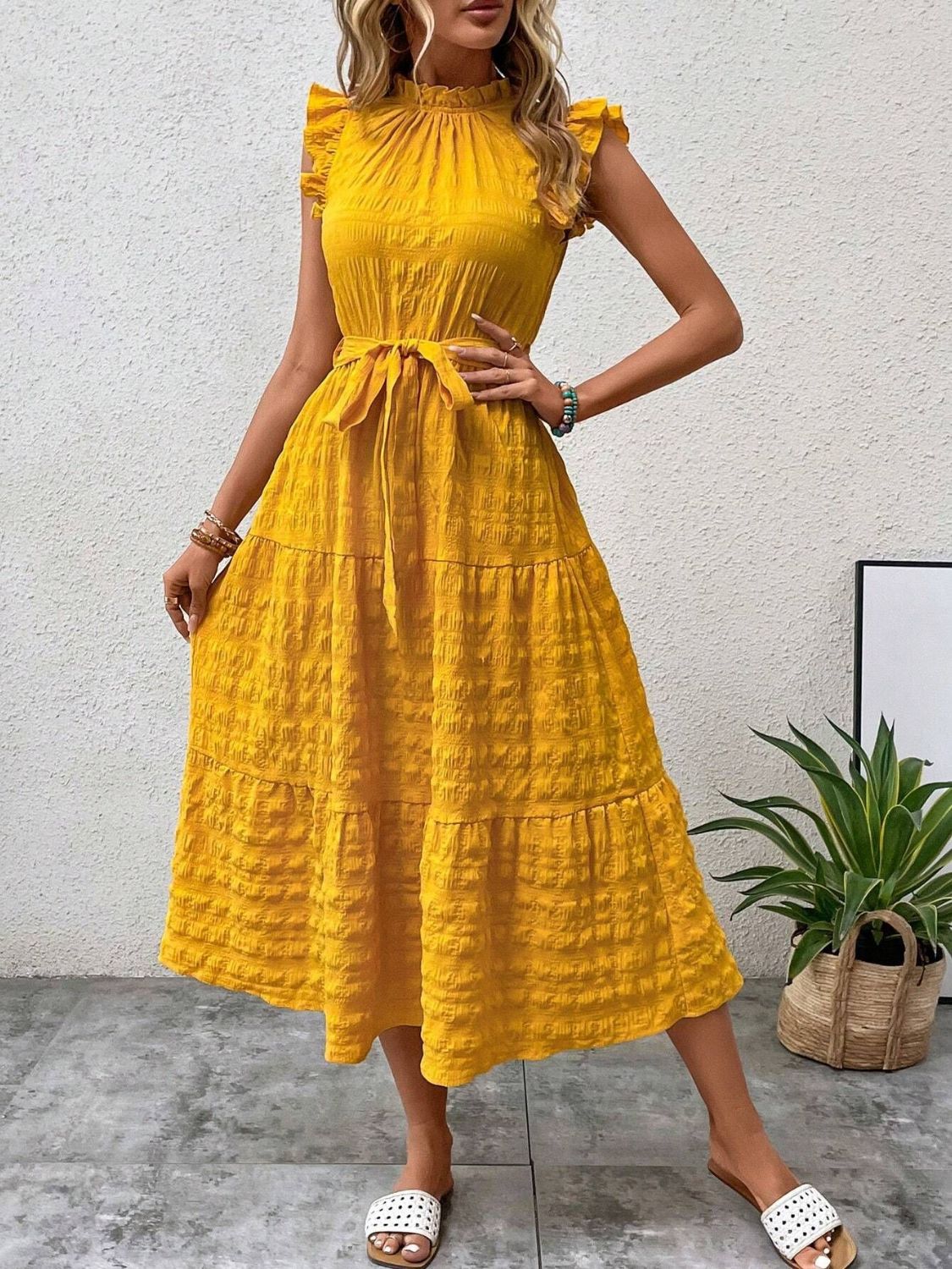 Tied Ruffled Cap Sleeve Midi Dress - Cowtown Bling N Things