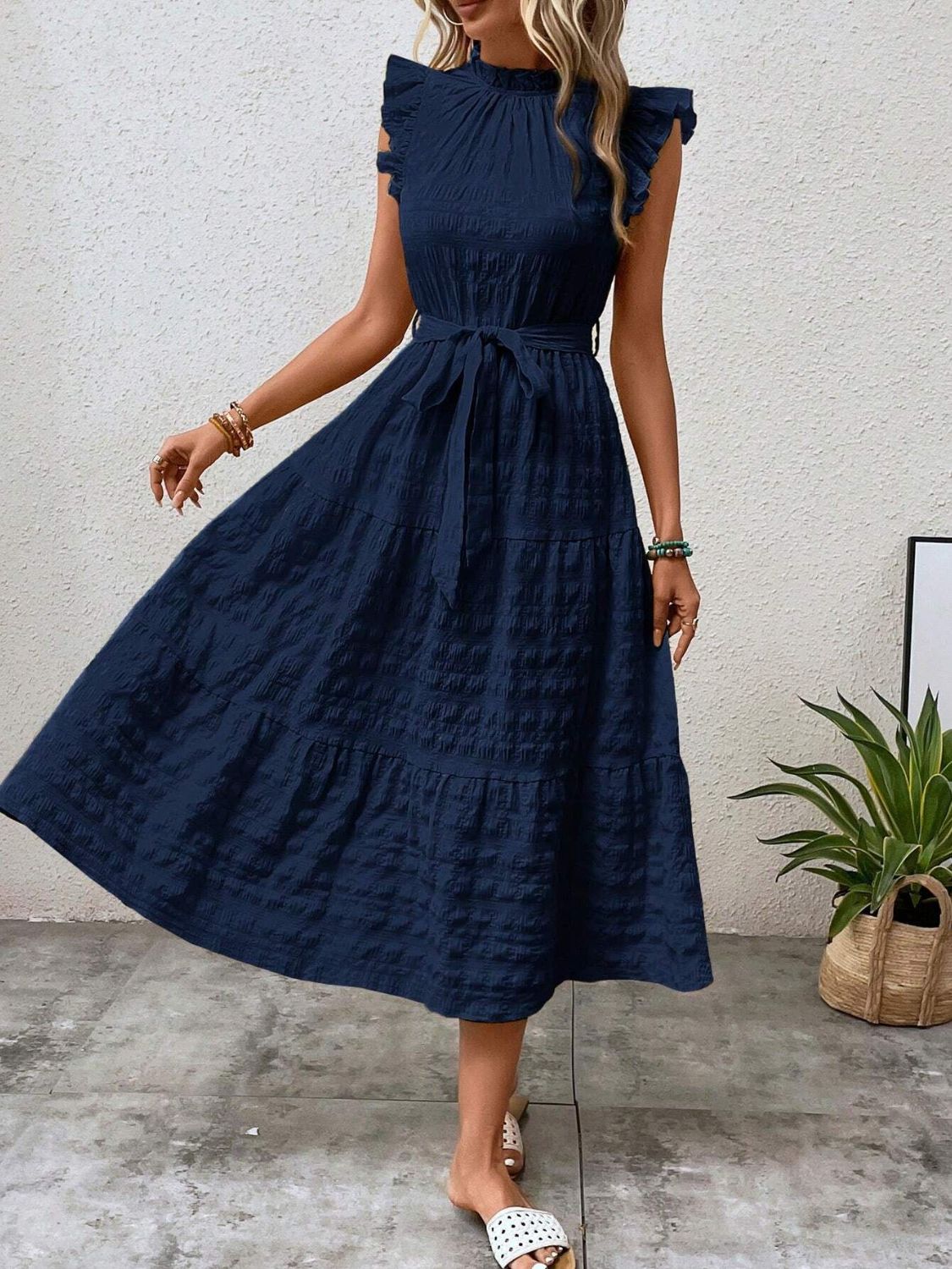 Tied Ruffled Cap Sleeve Midi Dress - Cowtown Bling N Things
