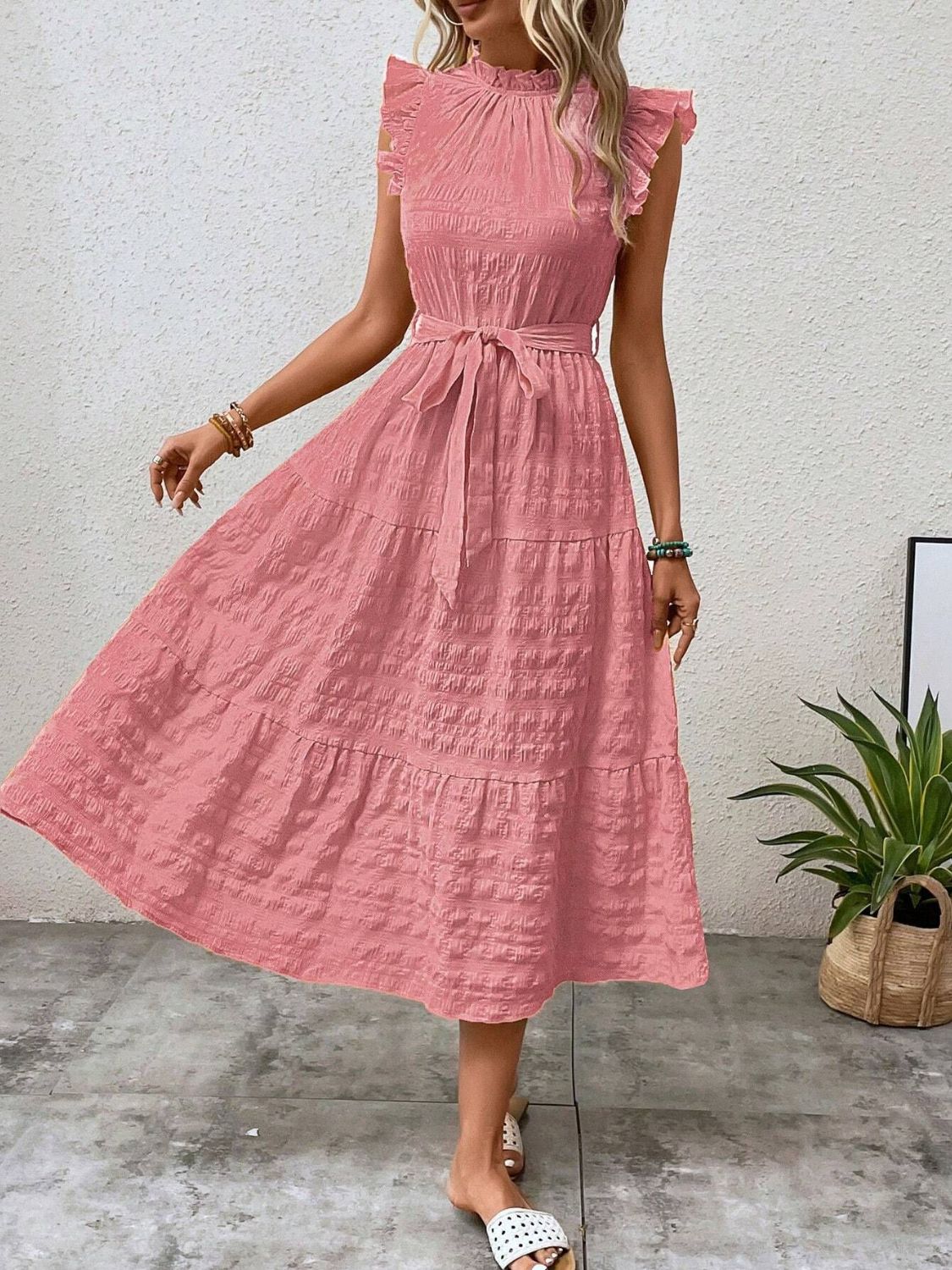 Tied Ruffled Cap Sleeve Midi Dress - Cowtown Bling N Things