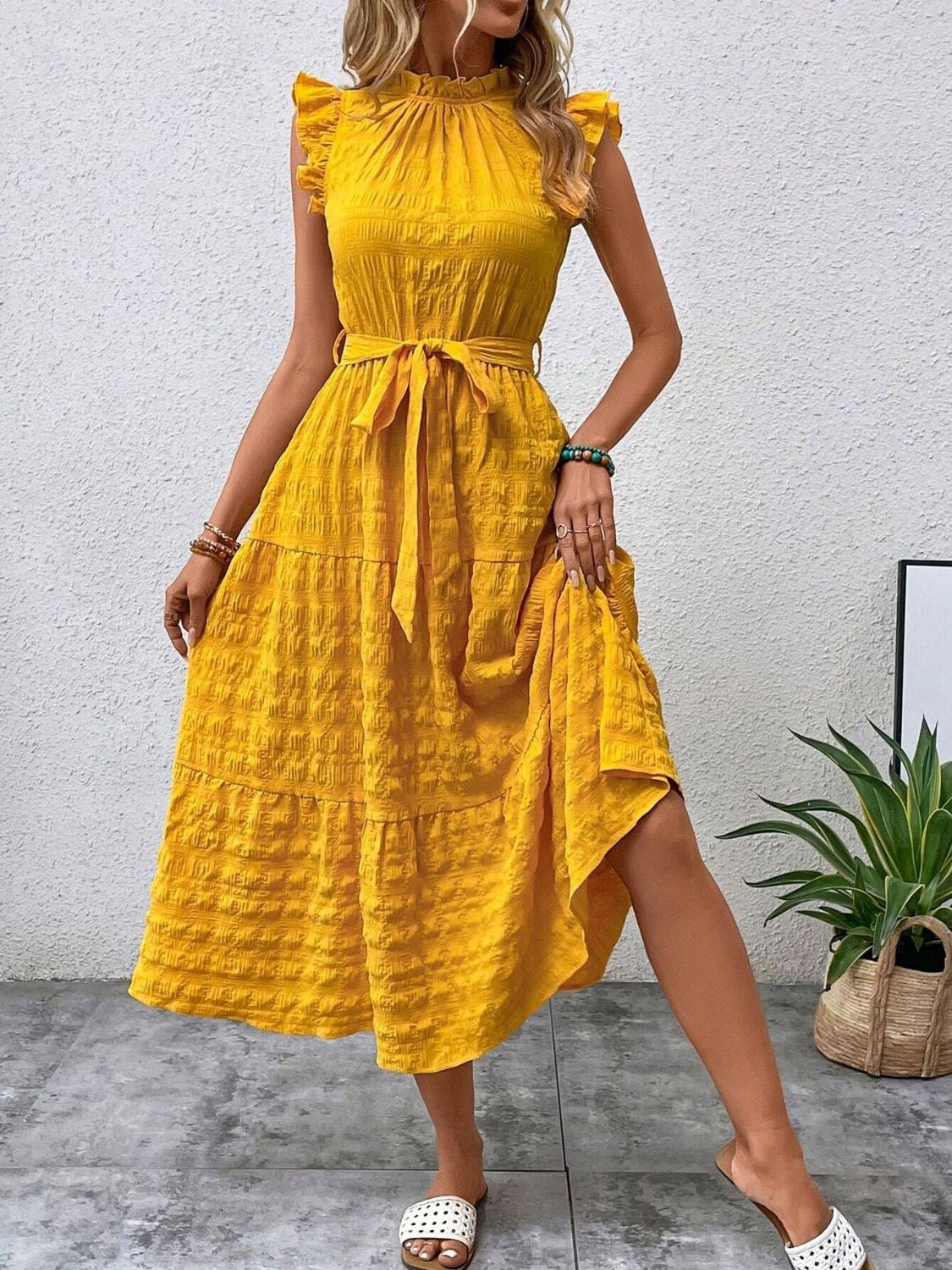 Tied Ruffled Cap Sleeve Midi Dress - Cowtown Bling N Things