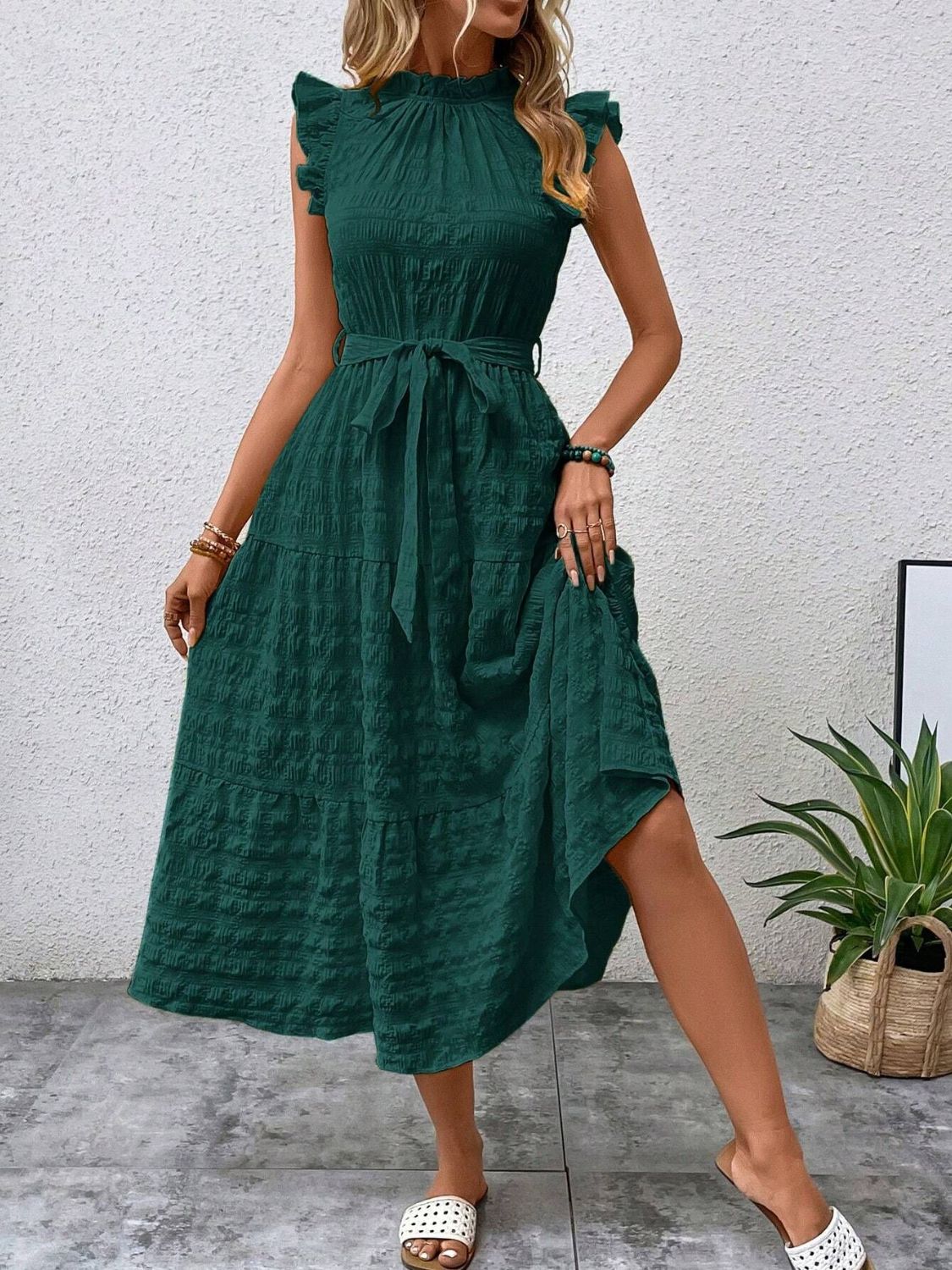 Tied Ruffled Cap Sleeve Midi Dress - Cowtown Bling N Things