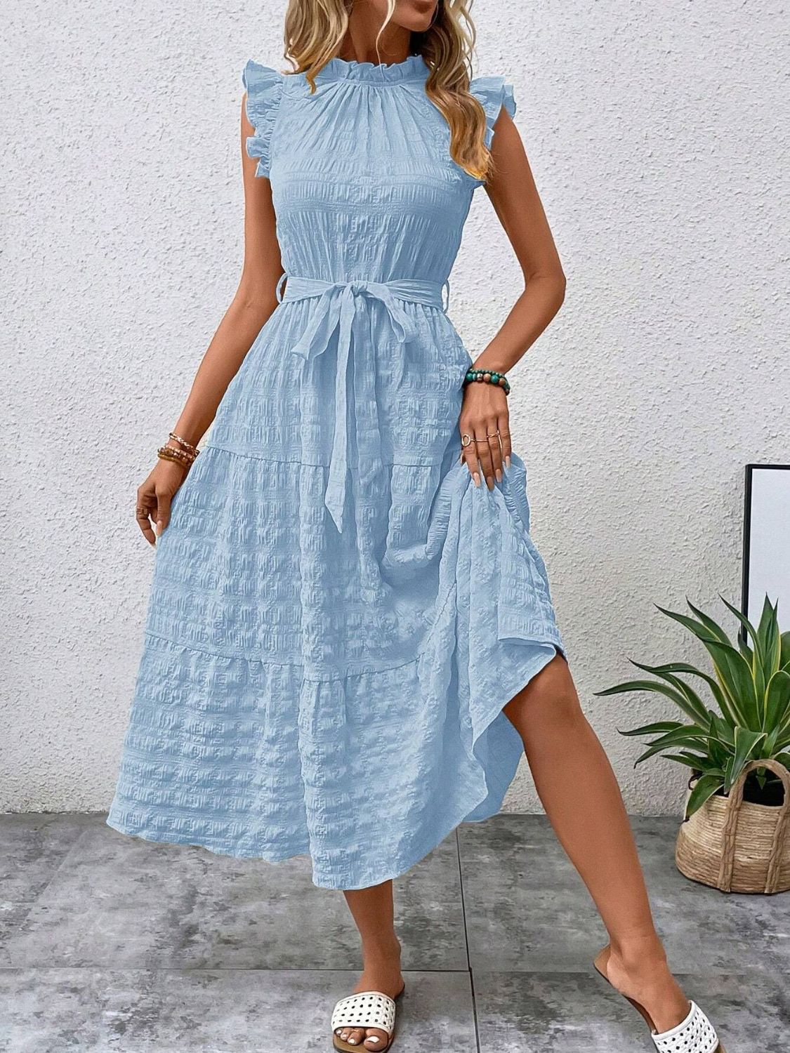 Tied Ruffled Cap Sleeve Midi Dress - Cowtown Bling N Things