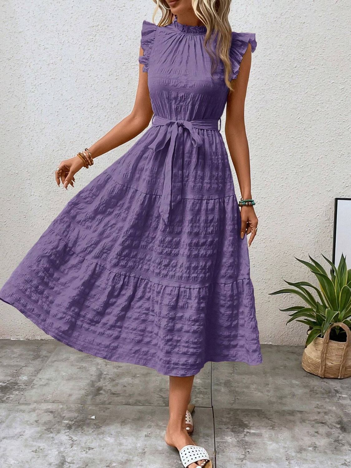 Tied Ruffled Cap Sleeve Midi Dress - Cowtown Bling N Things