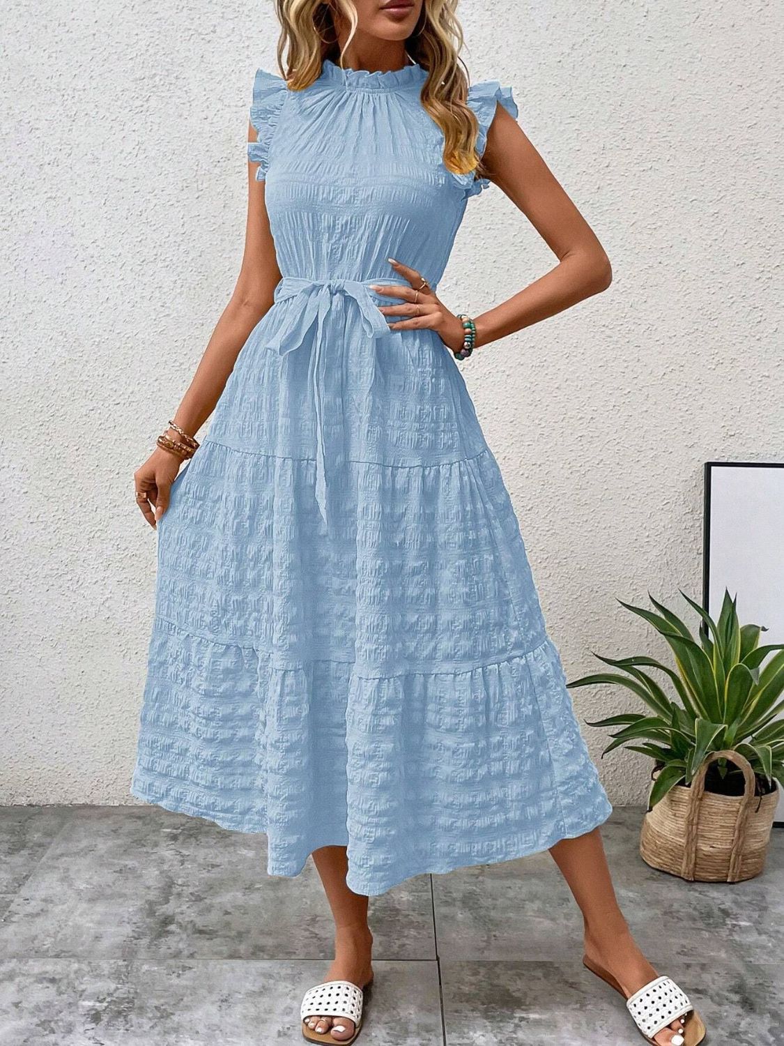 Tied Ruffled Cap Sleeve Midi Dress - Cowtown Bling N Things