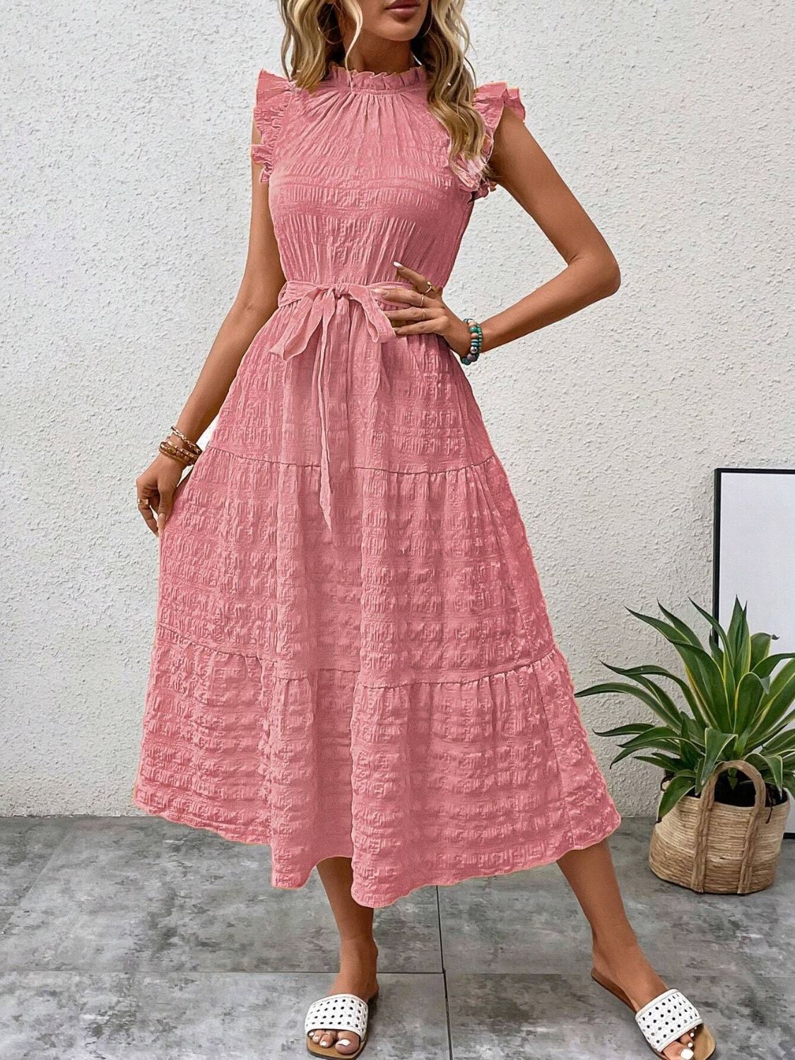 Tied Ruffled Cap Sleeve Midi Dress - Cowtown Bling N Things