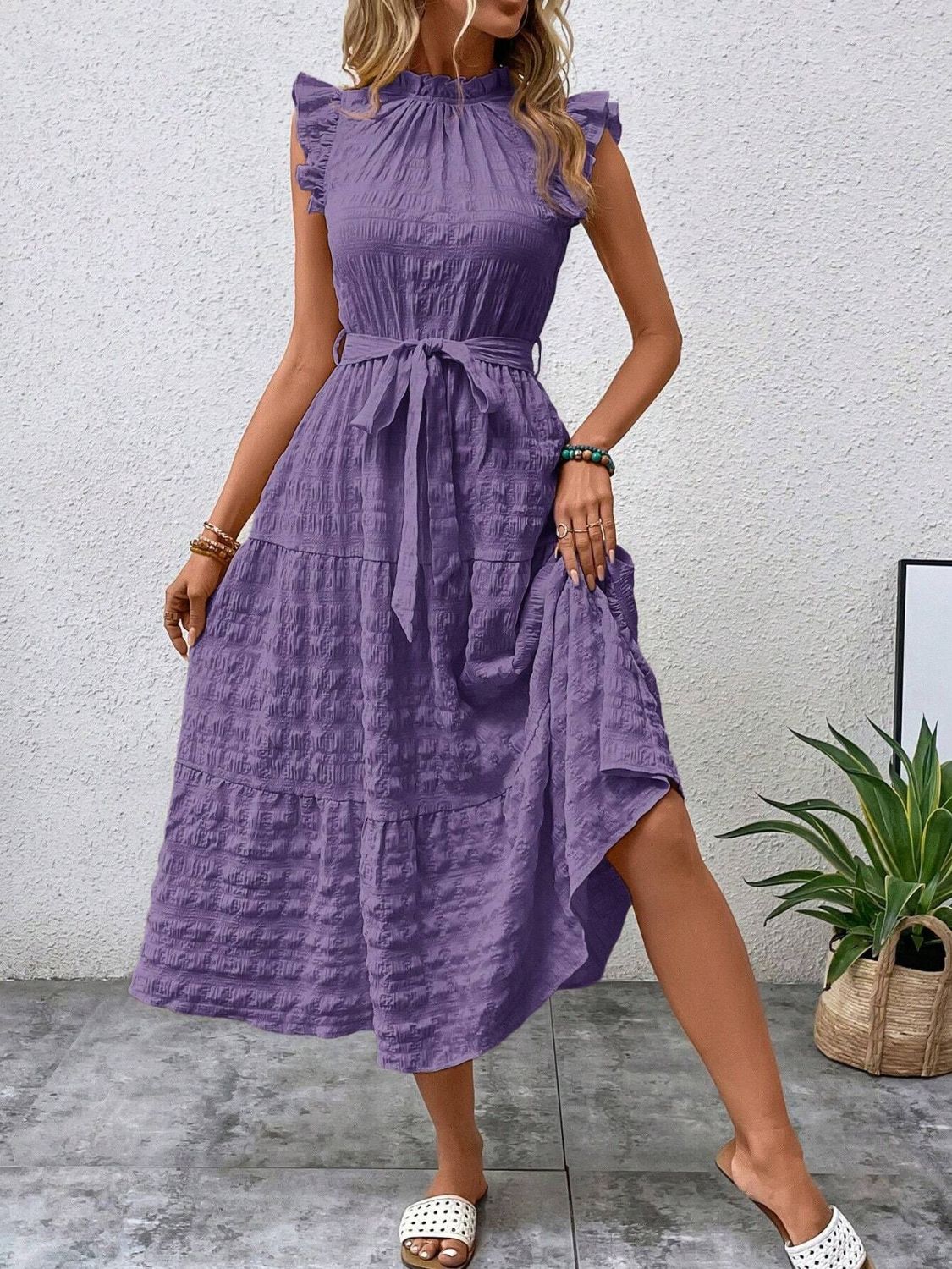 Tied Ruffled Cap Sleeve Midi Dress - Cowtown Bling N Things