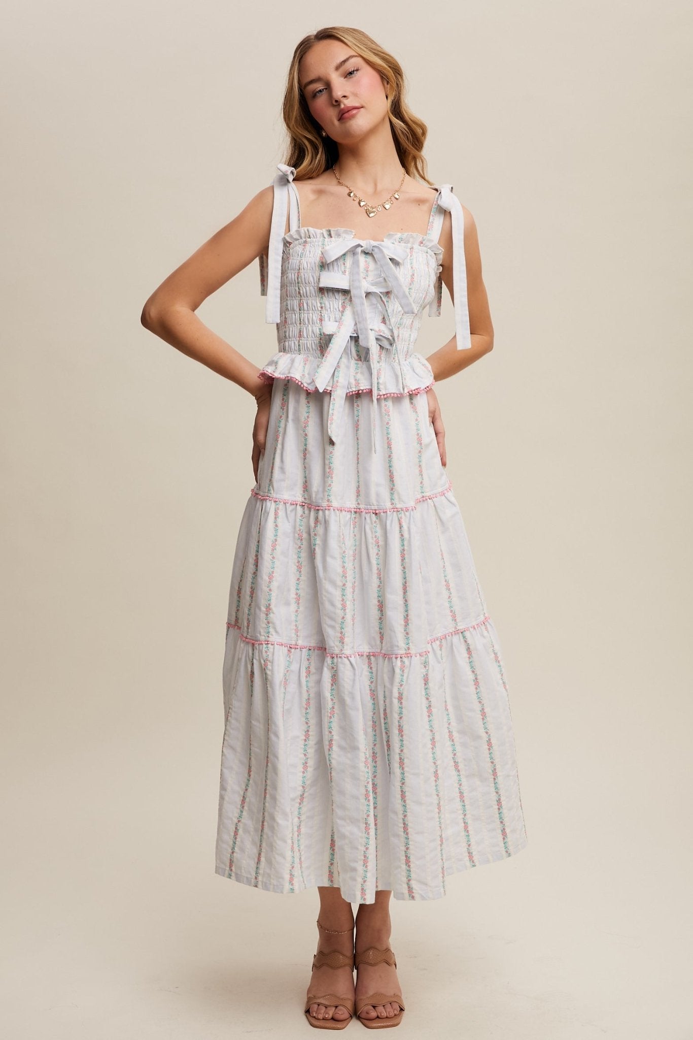 Tiered Floral Embroidered Maxi Dress 🌸 - Cowtown Bling N Things