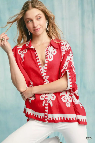 Umgee Abstract Print Button Down Short Sleeve Shirt - Cowtown Bling N Things