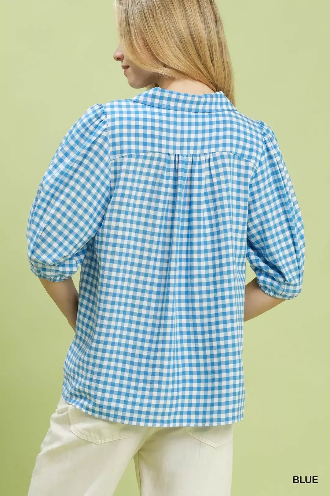 Umgee Gingham Puff Sleeve Collared Blouse - Cowtown Bling N Things