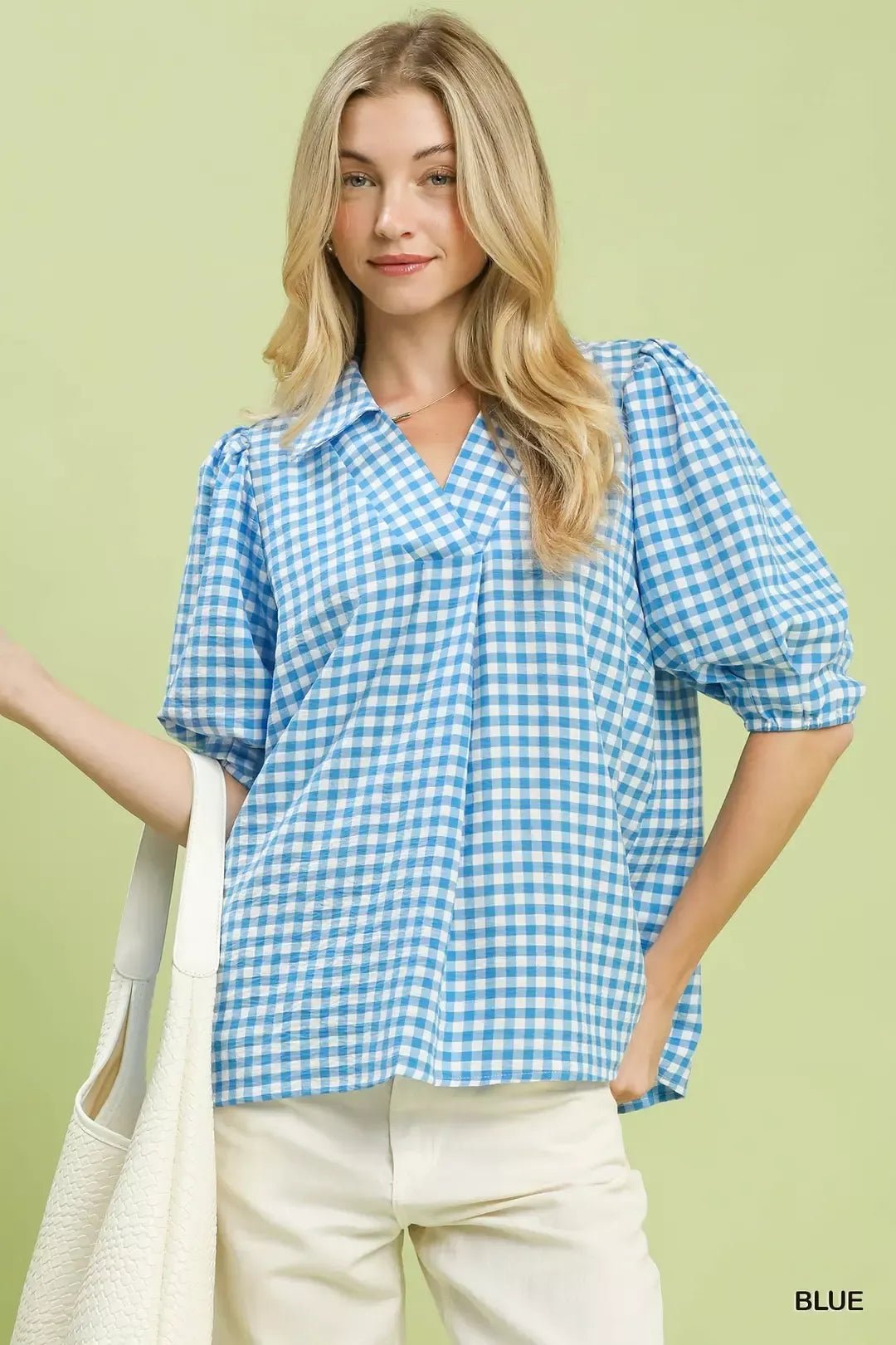 Umgee Gingham Puff Sleeve Collared Blouse - Cowtown Bling N Things