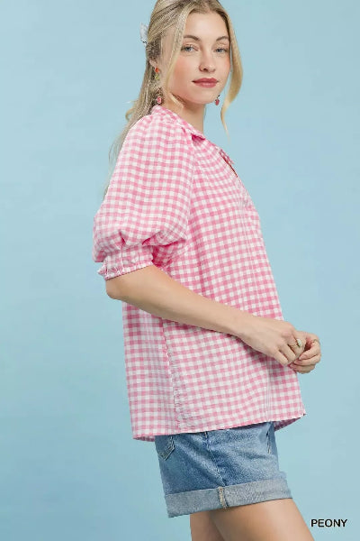 Umgee Gingham Puff Sleeve Collared Blouse - Cowtown Bling N Things