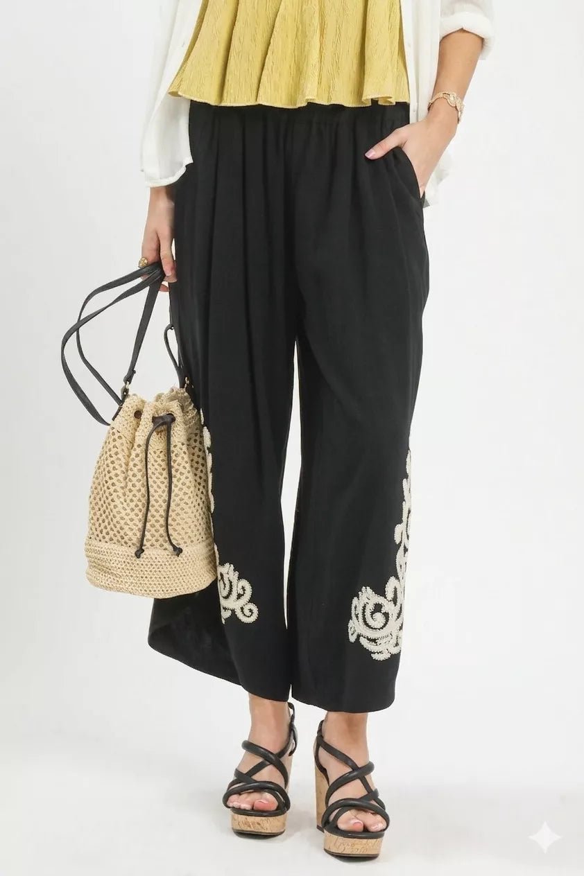 Umgee Linen Embroidered Wide - Leg Boho Pants - Cowtown Bling N Things