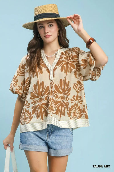 Umgee Mix Printed Puff Sleeve Top with Contrast Trim - Cowtown Bling N Things