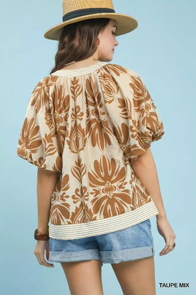 Umgee Mix Printed Puff Sleeve Top with Contrast Trim - Cowtown Bling N Things