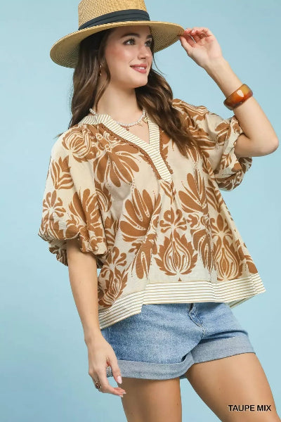 Umgee Mix Printed Puff Sleeve Top with Contrast Trim - Cowtown Bling N Things