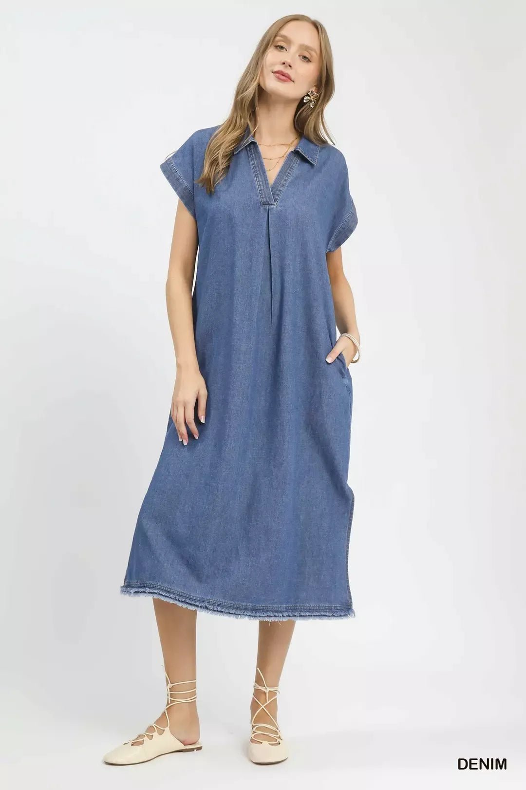 Umgee Stone Washed Collared Denim Midi Dress - Cowtown Bling N Things