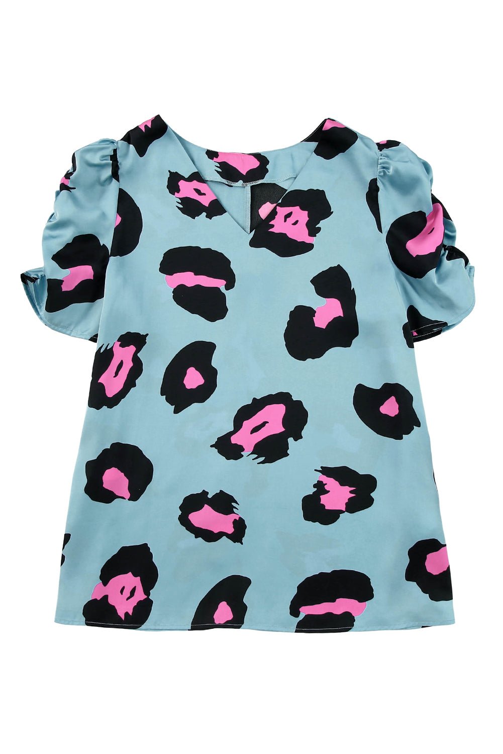 V Neck Ruched Short Sleeve Leopard Print Short Sleeve Blouse - Cowtown Bling N Things