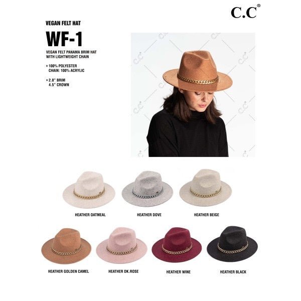 Vegan Felt Panama Brim Hat With Lightweight Chain - Cowtown Bling N Things