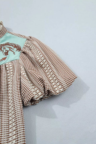 Western Pony Embroidered Yoke Puff Sleeve Gingham Blouse - Cowtown Bling N Things
