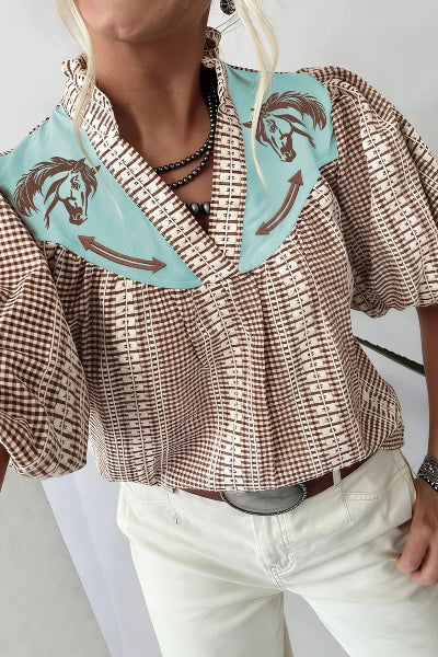 Western Pony Embroidered Yoke Puff Sleeve Gingham Blouse - Cowtown Bling N Things