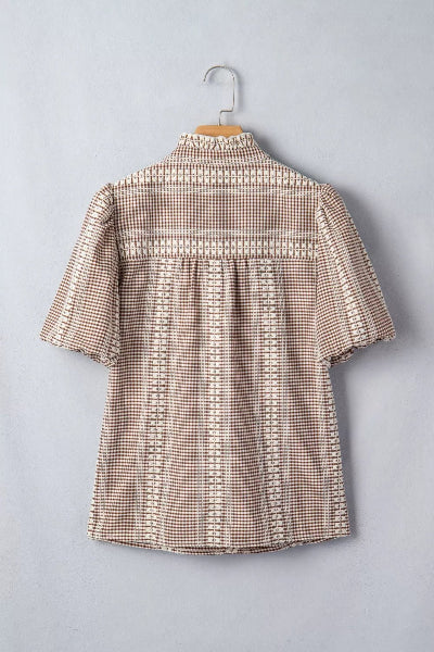 Western Pony Embroidered Yoke Puff Sleeve Gingham Blouse - Cowtown Bling N Things